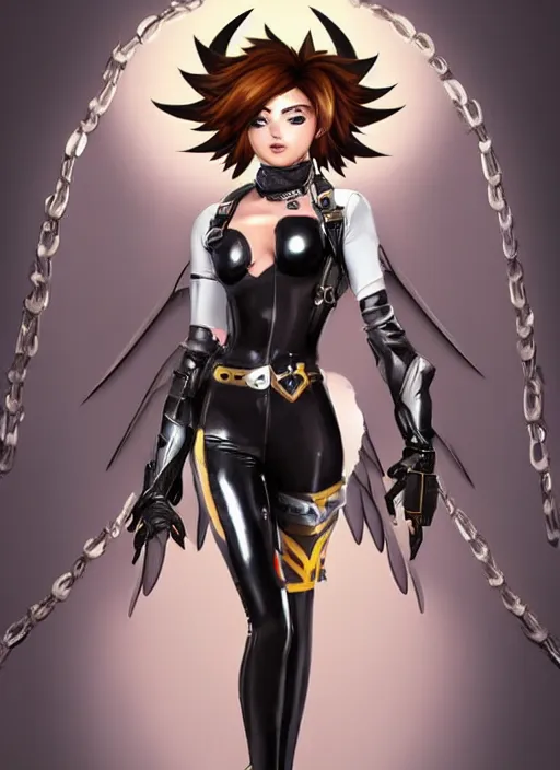 Image similar to full body artwork of tracer overwatch, wearing black latex outfit, in style of mark arian, angel wings, dramatic painting, wearing detailed leather collar, black shiny armor, chains, black harness, detailed face and eyes,