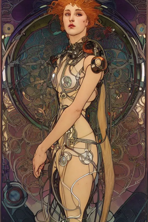 Prompt: realistic detailed portrait of a mecha cyberpunk! goddess by Alphonse Mucha, Charlie Bowater, Art Nouveau cyberpunk! style, mechanical accents!, mecha plate armor, glowing LEDs, flowing wires with leaves, rich deep moody colors