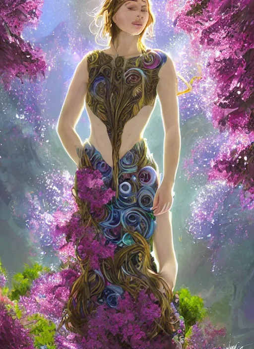 Prompt: portrait of teen Italian as a Celestial Goddess of a futuristic airforce, inside future fighter, sci-fi, fantasy, intricate, lush garden spaceship with sakura season flowers in Waimea canyon Kauai, elegant, human anatomy, royal green and nature light, royal blue emotions, highly detailed, digital painting, artstation, concept art, smooth, sharp focus, illustration, art by tian zi and James Jean and alphonse mucha, masterpiece