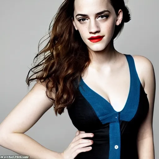 Image similar to a woman who is a genetic combination of kat dennings and emma watson face and upper - body focus