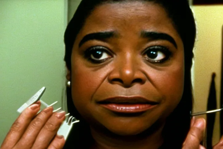 Image similar to cinematic shot from a 1 9 8 5 paranoid thriller, screenshot of octavia spencer removes a small hearing device with tweezers from her left ear, apartment set in the near future, film directed by stanley kubrick, anamorphic lenses, color theory, apartment design, leading lines, photorealistic, volumetric lighting