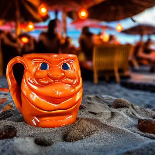 Image similar to a closeup photorealistic photograph of a glossy orange cat garfield style tiki mug sitting at a trader vic's beach bar featuring garfield's face. tiki theme. bright scene. fine detail. this 4 k hd image is trending on artstation, featured on behance, well - rendered, extra crisp, features intricate detail, epic composition and the style of unreal engine.