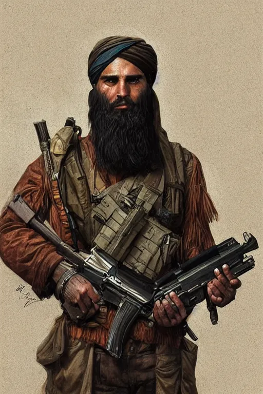 Image similar to male cottagecore taliban leader holding a kalashnikov rifle. intricate, elegant. highly detailed, digital painting, artstation, concept art, smooth, sharp, focus, illustration.. art by artgerm and greg rutkowski and alphonse mucha