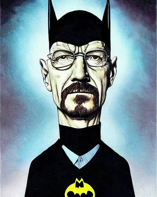 Image similar to portrait of walter white as the batman, illustration, art by neil gaiman and peter elson