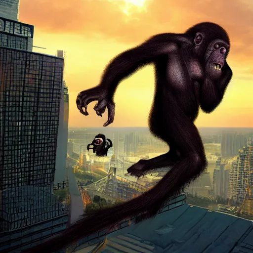 Prompt: terrified screaming ape wearing formal suit, failing over skyscraper, 8k hyper realistic, sunset, volumetric rays, fine art, artstation, matte painting, masterpiece by vasnetsov