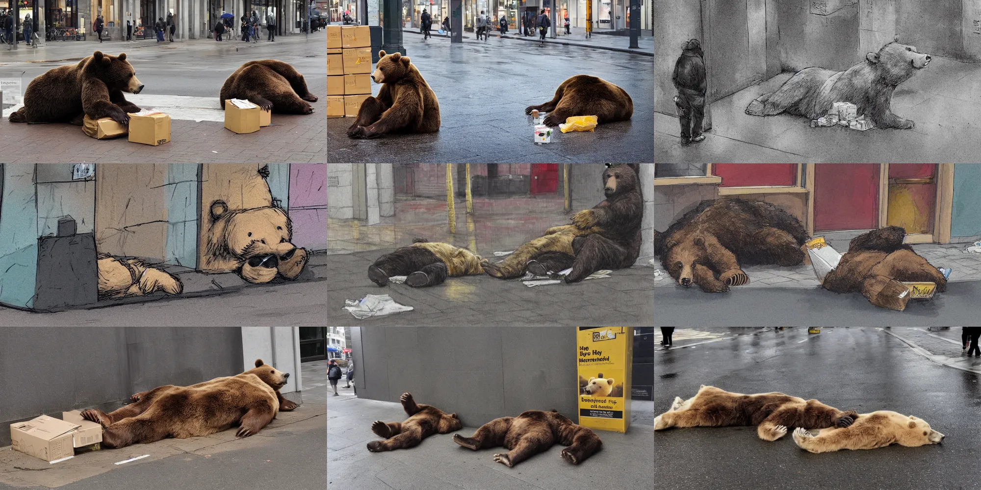 Image similar to hyper - realistic anthropomorphic bear homeless laying in a dark rainy street corner under carton boxes, honey dispensary