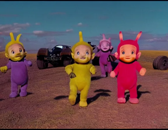 Prompt: teletubbies in mad max, film still, screenshot, desert, cinematic