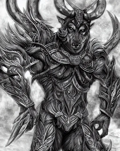 Image similar to A minotaur wolf, full body, black and white, highly detailed, close-up, fantasy art, monster art, in the style of masami kurumada, illustration, epic, fantasy, intricate, hyper detailed, artstation, concept art, smooth, sharp focus, ray tracing