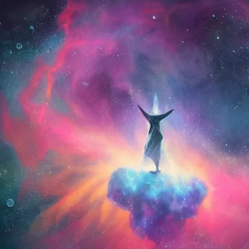 Image similar to Wizard floating through a nebula pondering their orb, highly detailed, featured