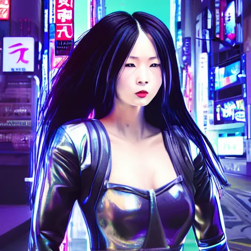 Image similar to An epic comic hyperrealistic illustration of a japanese cyber warrrior girl wearing futuristic wardrobe, black and silver, ultradetailed face expression trending on artbreeder, cyberpunk 2077 color, heavy rainning at tokyo street nightview, neon light, DAZ, 8k, unreal 5 engine render, cosplay, RPG portrait, photorealistic, hdri, dramatic lighting, rim lights,