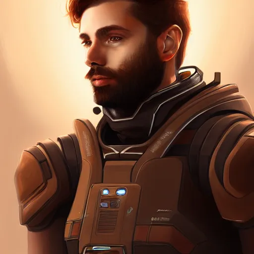 Image similar to Portrait of a man with brown hair and beard in futuristic sci-fi armor, blasters on his belt, digital art, realistic, artstation, detailed