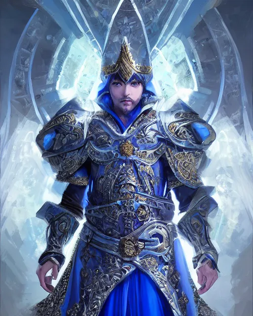 Image similar to concept art, full body portrait of king sorcerers, ornate, blue and silver, armor, robes, hyperrealistic, 4 k, unreal engine, highly detailed, dramatic lighting, beautiful, atmospheric lighting, visible face, by makoto shinkai, stanley artgerm lau, wlop, rossdraws