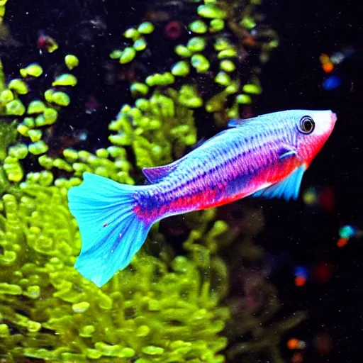 Image similar to a beautiful richly colored beta fish on a black background surrounded by black water