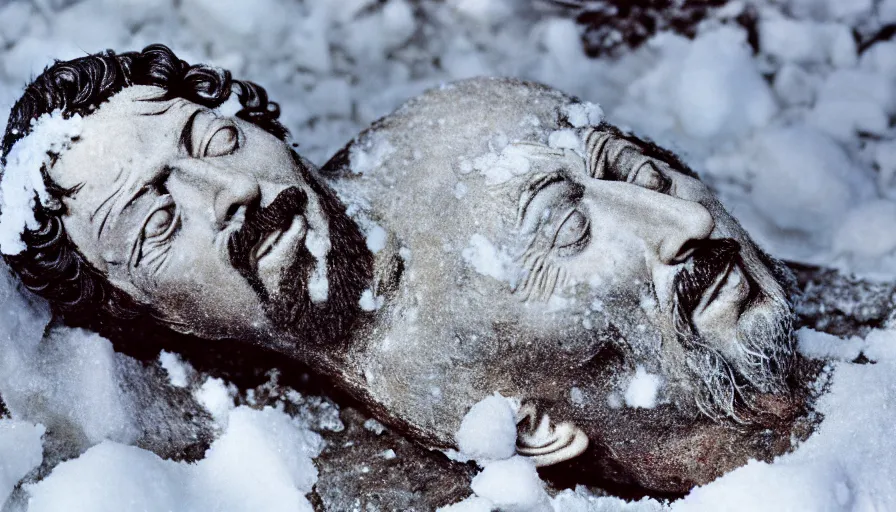 Image similar to 1 9 6 0 s movie still close up of marcus aurelius ill frozen to death under the snow by the side of a river with gravel, pine forests, cinestill 8 0 0 t 3 5 mm, high quality, heavy grain, high detail, texture, dramatic light, anamorphic, hyperrealistic, detailed hair, bright sun