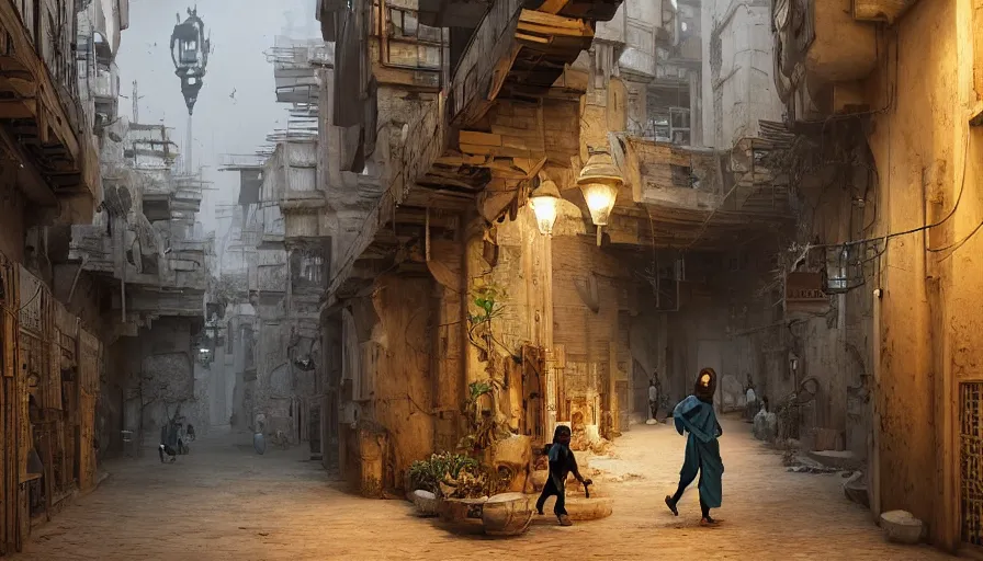 Image similar to old jeddah city alley, roshan, shops, a big magical glowing time portal, a nomad wearing a worn out coat, plants, kids, dramatic lighting fantasy, sci fi, by caspar david friedrich by beeple and james gilleard and justin gerard, centered, artstation, smooth, sharp focus, photoreal octane render, 3 d, by jean baptiste monge