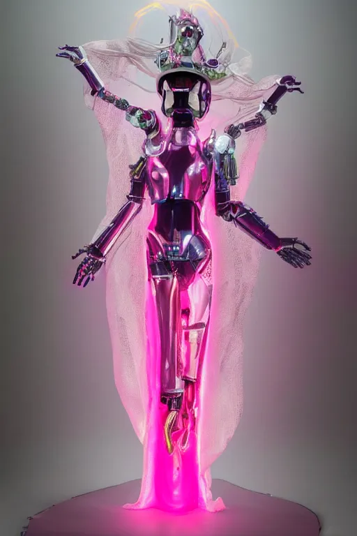 Prompt: full-body baroque and bladerunner style pink neon and chrome statue of a beautiful pale priestess robot goddess humanoid wearing a see-through silk kimono, falling from the ceiling, glowing peach face, street hoody of red steampunk lasers, emeralds, swirling silver silk fabric. futuristic elements. oozing glowing liquid, full-length view. space robots. human skulls. throne made of bones, intricate artwork by caravaggio. Trending on artstation, octane render, cinematic lighting from the right, hyper realism, octane render, 8k, depth of field, 3D