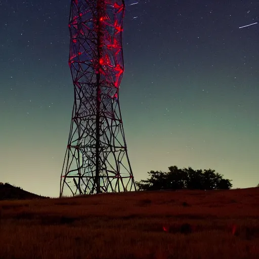 Prompt: a massive humanoid cryptid resembling a radio tower striding across the hills at night, lit by red lights