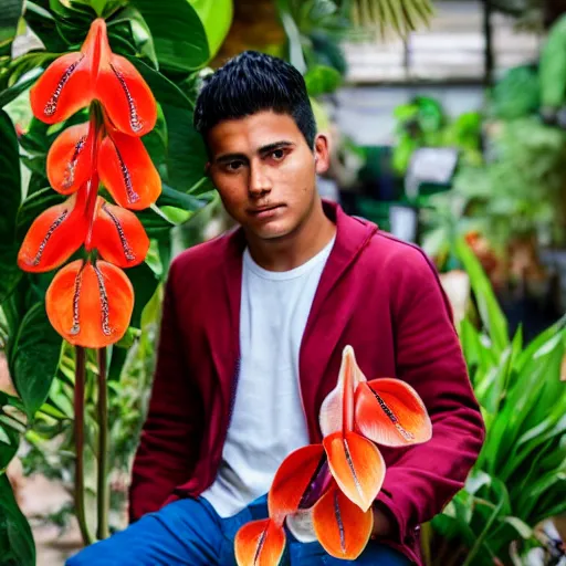 Prompt: a portrait of a peruvian young man surrounded by anthuriums