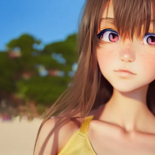 Image similar to Render of a very beautiful 3d anime girl, long hair, hazel eyes, cute freckles, full round face, short smile, cute sundress, golden hour, serene beach setting, medium shot, mid-shot, highly detailed, trending on Artstation, Unreal Engine 4k