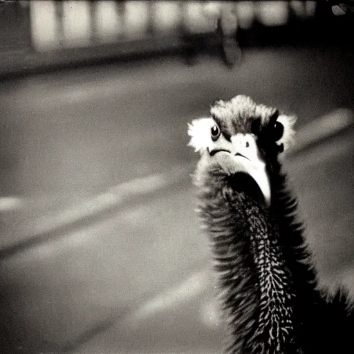 Prompt: black and white flash close - up photograph by weegee of an emu in times square.