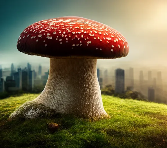 Image similar to a giant mushroom that stretches above the clouds with a city built into it underneath. highly detailed 8 k. intricate. lifelike. soft light. nikon d 8 5 0. cinematic post - processing