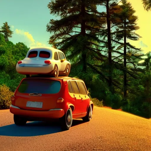 Image similar to a still from a Pixar movie, of a family car, with stacks of luggage on top, on a road in the forest, leading to a beach, dramatic lighting, by Victor Hugo, golden hour, octane render, unreal engine, full-shot, very, very, very, very cute photo