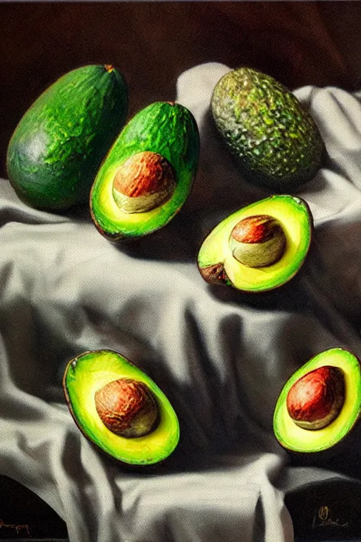 Prompt: A beautiful still life oil painting of Avocados lying on a silk cloth, fog, volumetric lighting, summer, hyperrealistic, colorful, hyperdetailed.