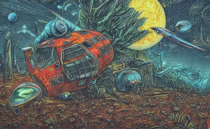 Image similar to intricately detailed color pencil drawing, retro spaceship crash landed on an alien forest landscape