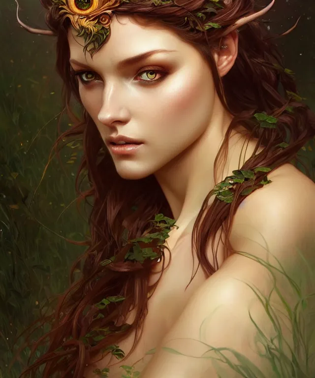 Prompt: Forest nymph woman portrait, amber eyes, face, long hair, fantasy, intricate, elegant, highly detailed, digital painting, artstation, concept art, smooth, sharp focus, illustration, art by artgerm and greg rutkowski and alphonse mucha