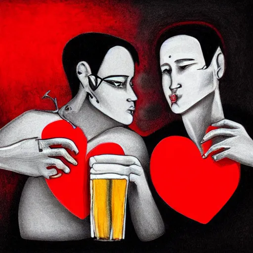 Image similar to two beautiful men drinking beer, red hearts, sadness, dark ambiance, concept by Godfrey Blow, featured on deviantart, drawing, sots art, lyco art, artwork, photoillustration, poster art