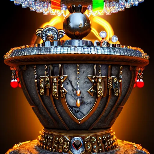 Prompt: transparent chest with a message inside it is decorated with jewels and hangs from the neck of a valkyrie with armor, in the background you can see the fountain of a park. digital art, fantasy art, photo realistic, dynamic lighting, artstation, poster, volumetric lighting, hyperrealistic, 4 k, award winning