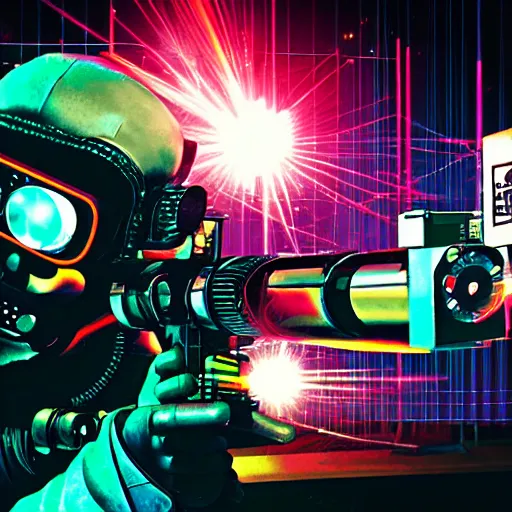 Image similar to a cyberpunk monkey shooting laser guns, sythwave