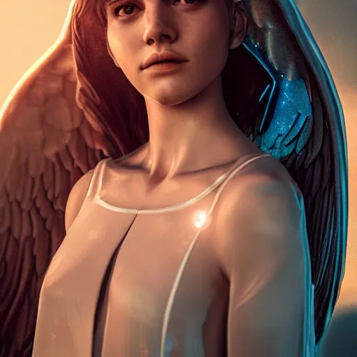 Image similar to portrait art of female angel by alessio albi 8 k ultra realistic, angel wings, lens flare, atmosphere, glow, detailed, intricate, full of colour, cinematic lighting, trending on artstation, 4 k, hyperrealistic, focused, extreme details, unreal engine 5, cinematic, masterpiece