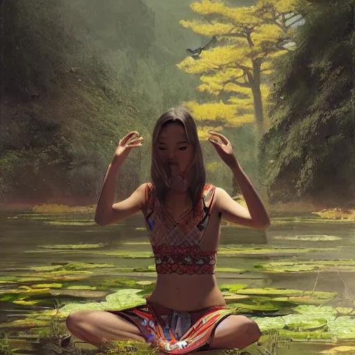 Image similar to Fusion of human and bird, wearing Inka clothes, sitting at a pond, mountainous area, trees in the background, oil painting, by Fernanda Suarez and Greg Rutkowski