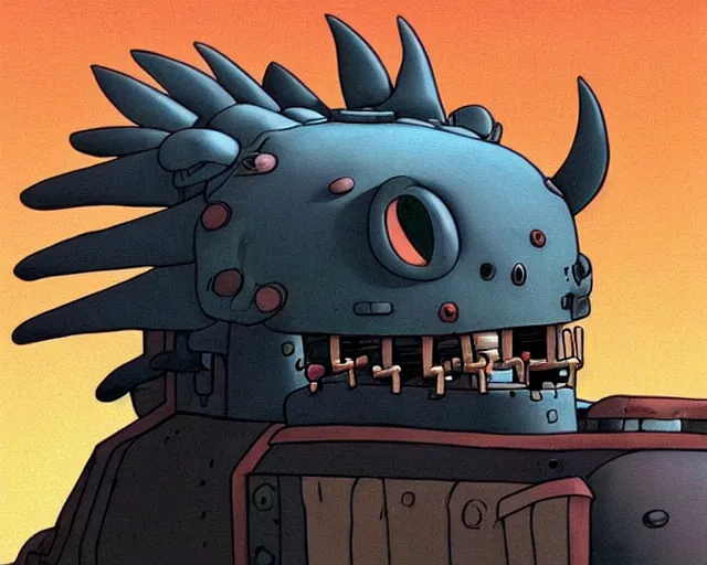 Image similar to “ a cell shaded cartoon grey lovecraftian mechanized wolf from howl's moving castle ( 2 0 0 4 ) with a big head, on a desert road, wide shot ”