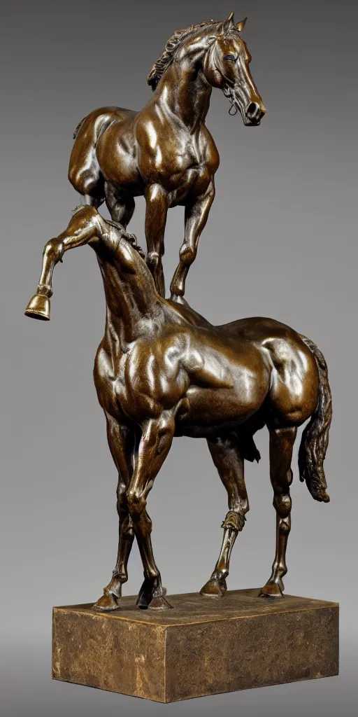 Prompt: detailed photo of an old bronze patina statue of a horse, various pose, photorealism, intricate detail, museum diffuse lighting