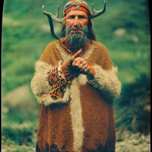 Image similar to over exposed color polaroid photograph of a neolithic european shaman wearing deer clothing