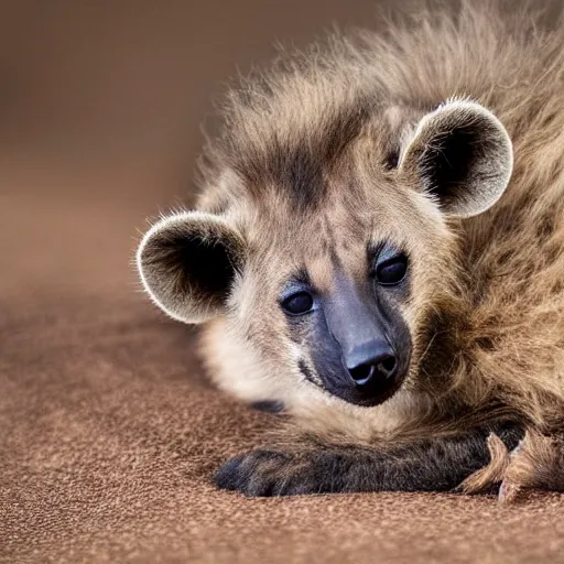 Image similar to very cute baby hyena sleeping, warm, cozy, realistic photograph, detailed