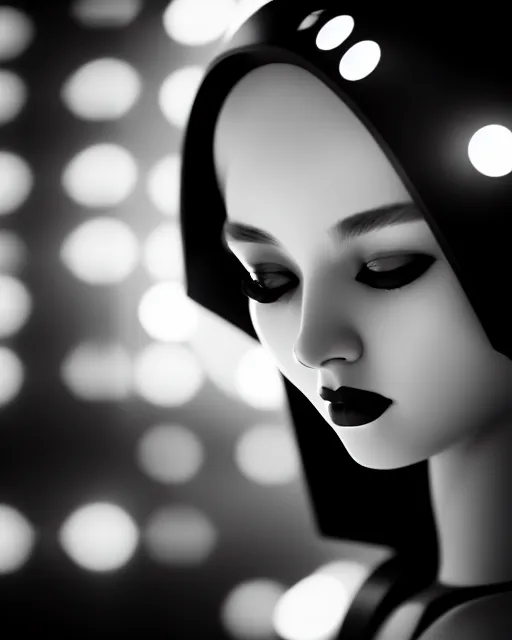 Image similar to black and white dreamy young beautiful female artificial intelligence, metropolis, cinematic, rim light, bokeh, photo - realistic, elegant, high detail, 8 k, masterpiece, photo taken in 1 9 3 0