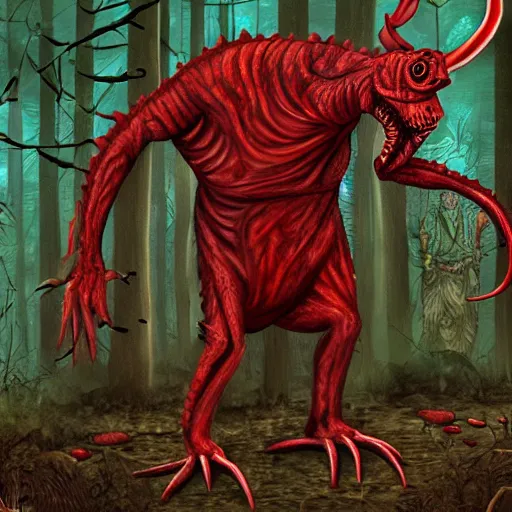 Image similar to big butcher anthropomorphic male lizardfolk posing scarily, scary angry pose, bloody, covered in blood, fresh kill, cleaver, in a forest, earie setting, lovecraft, eldritch, horror, hyperdetailed, furaffinity, furry art