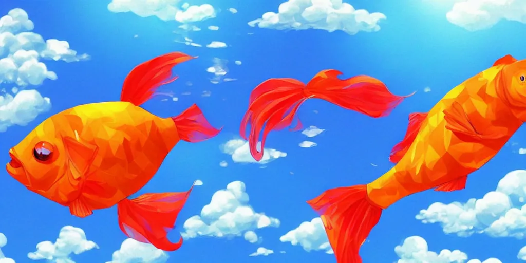 Image similar to giant goldfish swimming through the big puffy clouds, large polygonal background elements, large polygons, dramatic anime, dramatic lighting, artgerm, manga, trending on artstation, art nouveau, mature colors