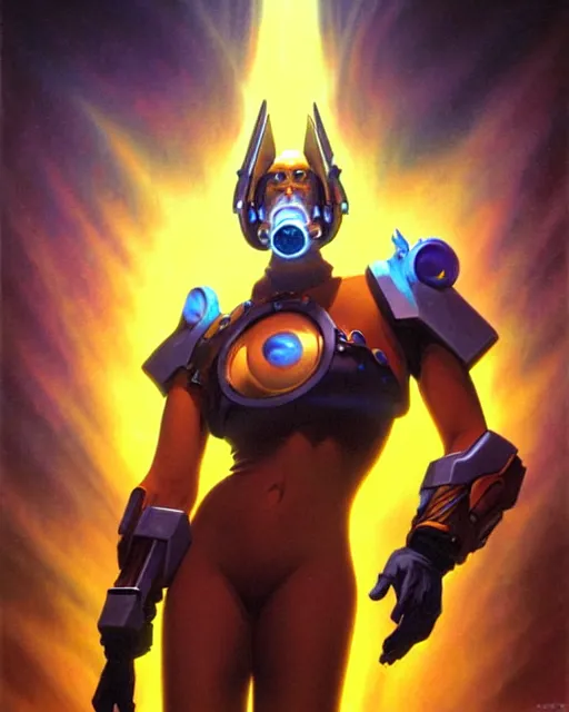 Image similar to junkray from overwatch, fantasy art, sci - fi art, radiant light, caustics, by boris vallejo