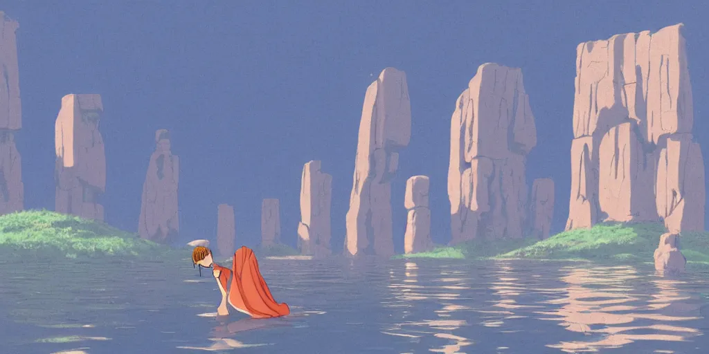 Prompt: a realistic cell - shaded studio ghibli concept art from paprika ( 2 0 0 6 ) of an anthropomorphic dolphin from close encounters of the third kind ( 1 9 7 7 ) in a flooded monument valley stonehenge. a monk in a robe is meditating in the foreground. very dull colors, wide shot, hd, 4 k, hq