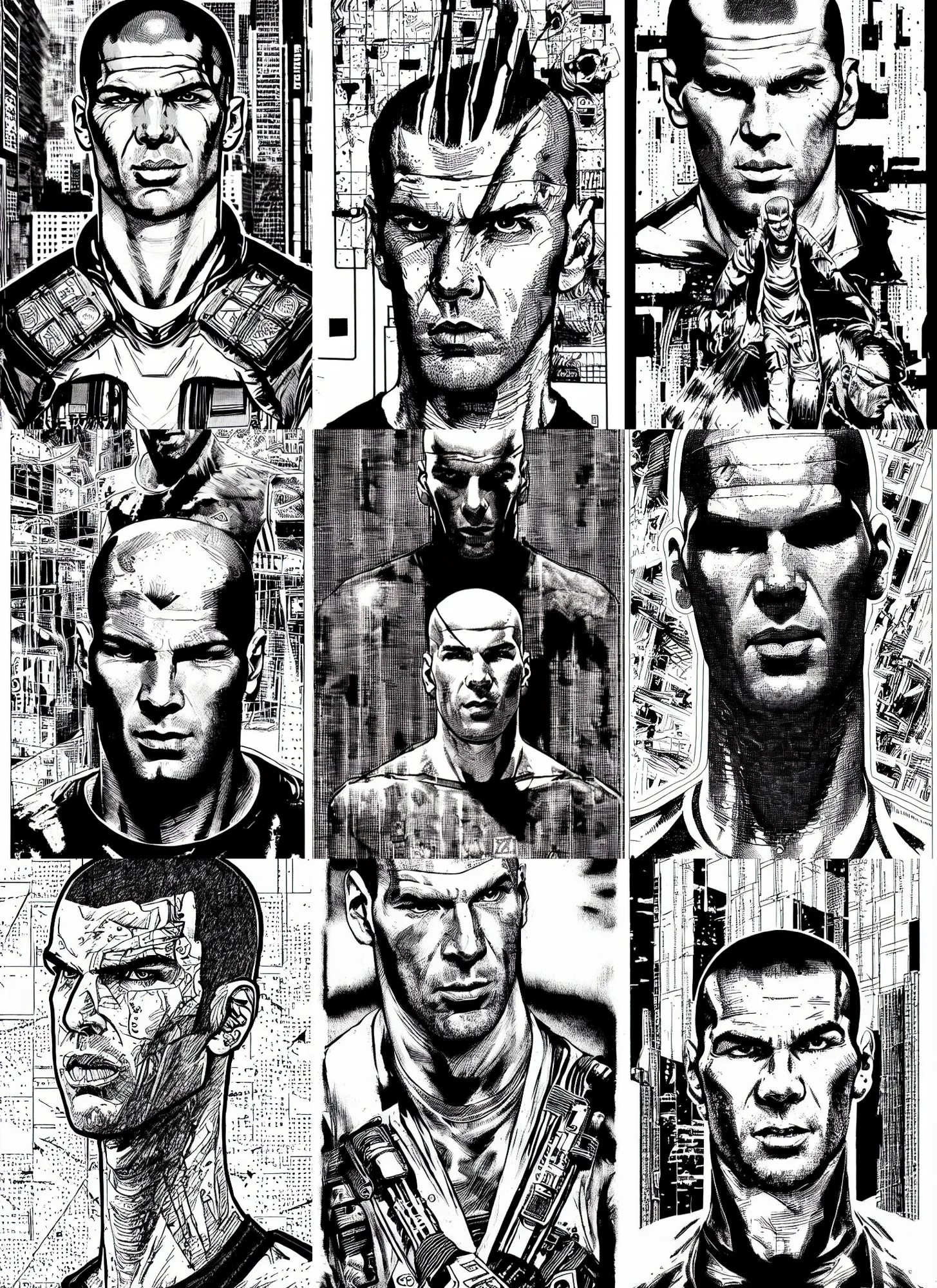 Prompt: zinedine zidane, portrait, cyberpunk 2 0 2 0 manual, by steampoweredmikej, by tim bradstreet, inktober, ink drawing, black and white, coloring pages, manga, highly detailed