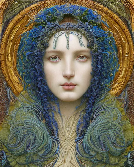 Prompt: detailed realistic face portrait of a beautiful young godess of the tree of life in ornate robes by jean delville, james jean, h. r. giger, john william godward, raphael, ernst haeckel, maxfield parrish, gothic, neo - gothic, art nouveau, neo - classical, symbolist, visionary, pre - raphaelite