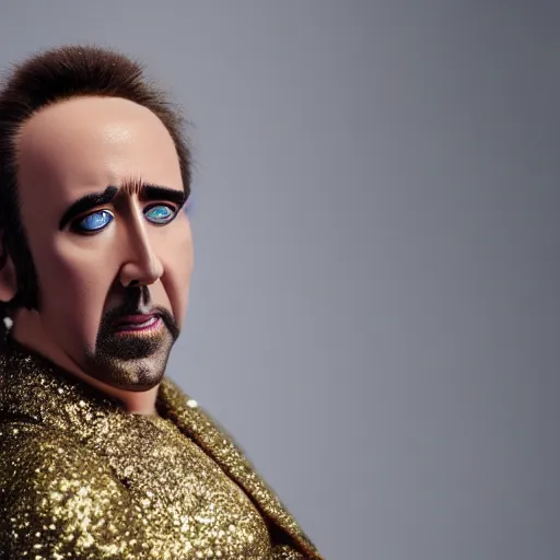 Prompt: Nicolas Cage with silver-violet hair, white eyes and golden glittery dress, wide lens, diorama, 4k,