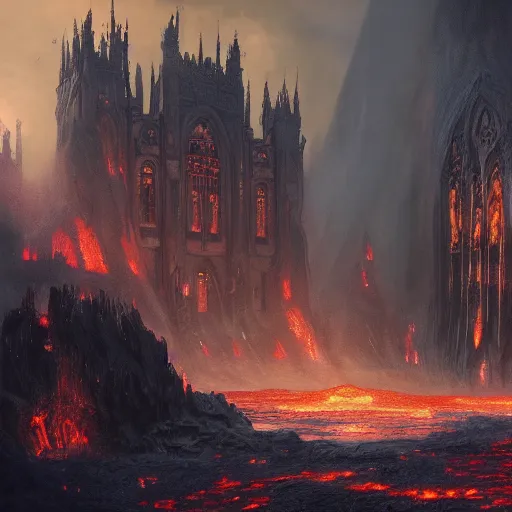 Prompt: an obsidian gothic cathedral with a giant obsidian door, in the elemental plane of fire, with rivers of lava surrounding it, Dungeon and Dragon illustration, painted by Greg Rutkowski, 4k, trending on ArtStation