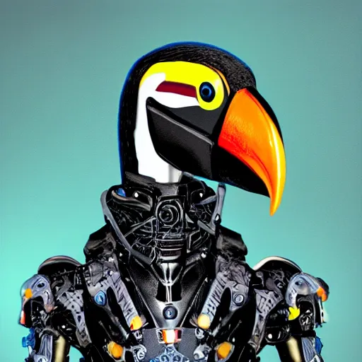 Image similar to toco toucan wearing futuristic cybernetic battle armour, dramatic lighting, portrait, realistic reflections