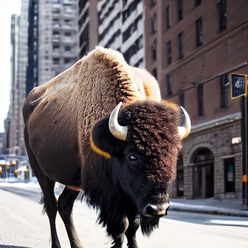 Prompt: photo of a bison, in a New York street, cars, buildings, 50mm, beautiful photo,