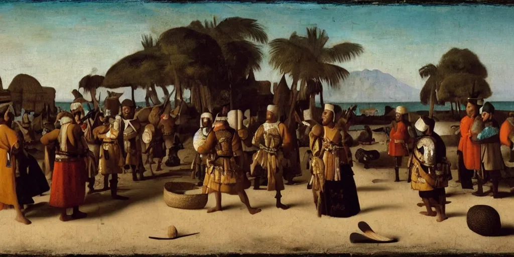 Image similar to arrival of javanese jonk on shores of mexico, majapahit soldiers meeting the aztec leaders on a beach in 1 5 6 7, 1 6 th century oil painting by vermeer, cinematic, highly detailed